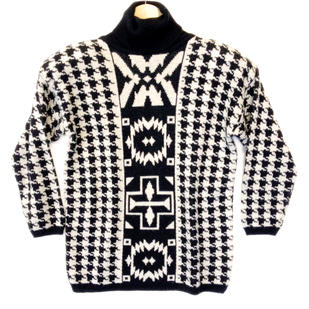Vintage 80s Houndstooth & Aztec Tribal Turtleneck Ugly Sweater - The