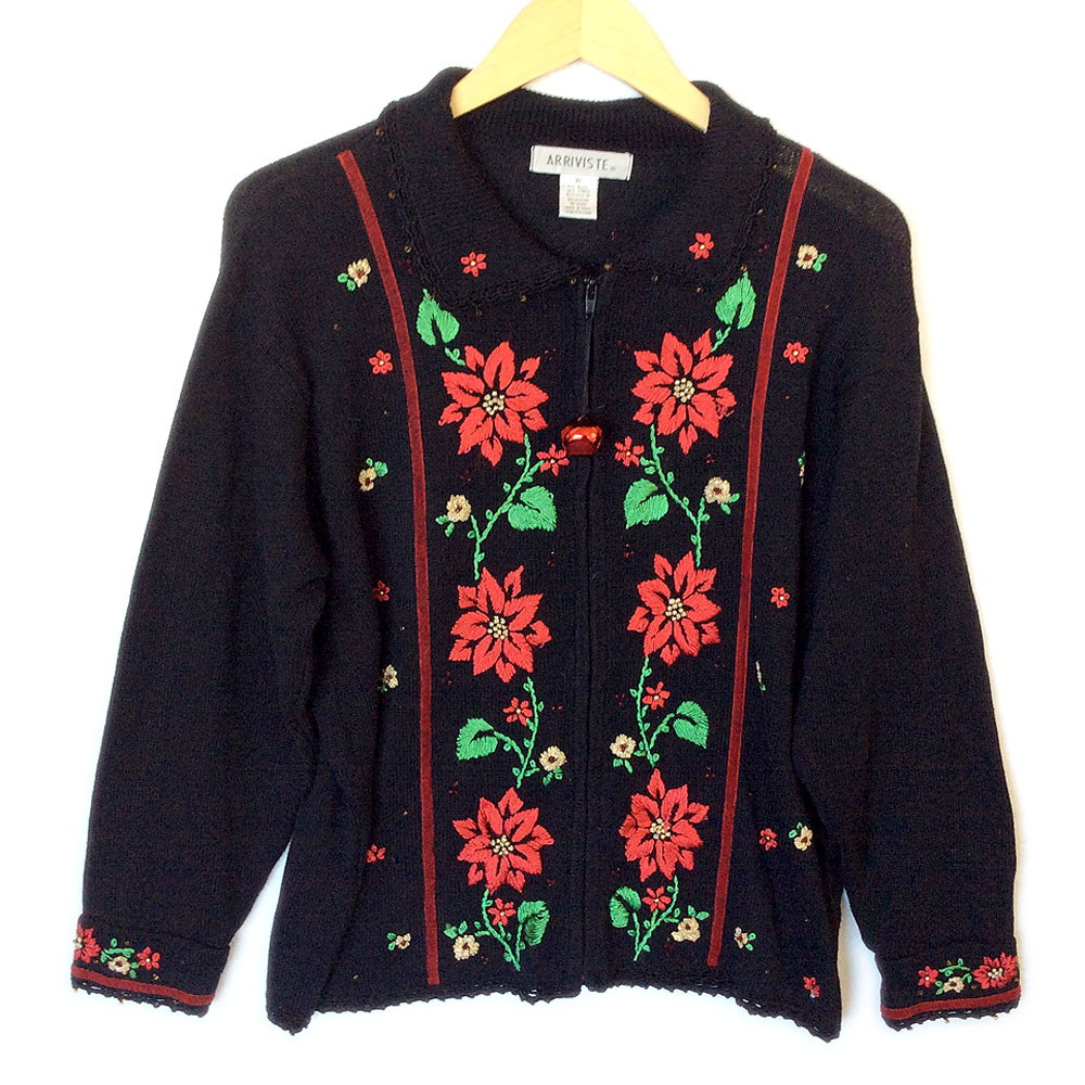 Embroidered Poinsettia Tacky Ugly Christmas Sweater The Ugly Sweater Shop