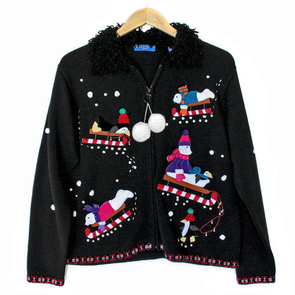 Sledding Polar Bears And Penguins Tacky Ugly Christmas Sweater The