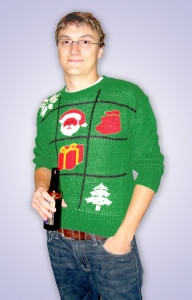 young man wearing vintage 1980s Christmas sweater