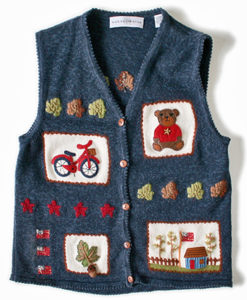 Back To School Teddy Bear & Bike Tacky Ugly Sweater Vest Women's Size Medium (M) 1