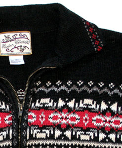 Black & Red Nordic Pattern Zip Front Ugly Ski Sweater:Cardigan Women's Size Medium (M)