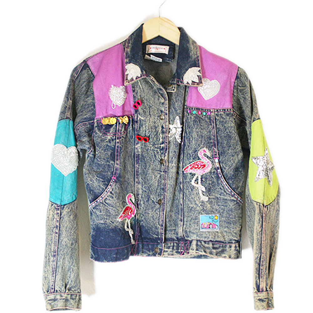 Blingy Flamingo Dallas Pink Cadillac Tacky DIY Ugly Denim Jacket - The Ugly Sweater Shop