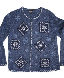 "Blue Christmas" Snowflake Patchwork Tacky Ugly Christmas Sweater:Cardigan Women's Petite Large (PL)