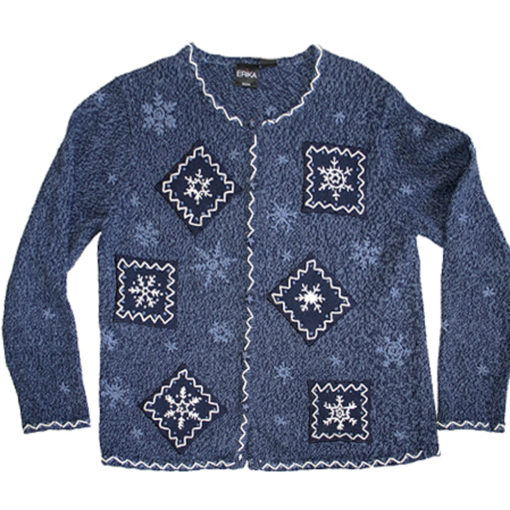 "Blue Christmas" Snowflake Patchwork Tacky Ugly Christmas Sweater:Cardigan Women's Petite Large (PL)