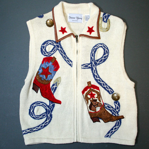 "Boot Scootin' Boogie" Tacky Ugly Cowboy Boot Western Sweater Vest Women's Size Large (L)