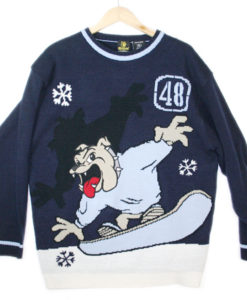 Bulldog on a Snowboard Tacky Ugly Sweater Men's Size XL
