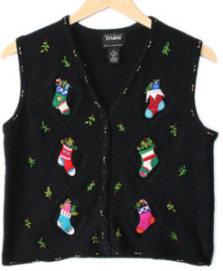 Christmas Stockings Tacky Ugly Sweater Vest Women's Petite Size Large (PL)