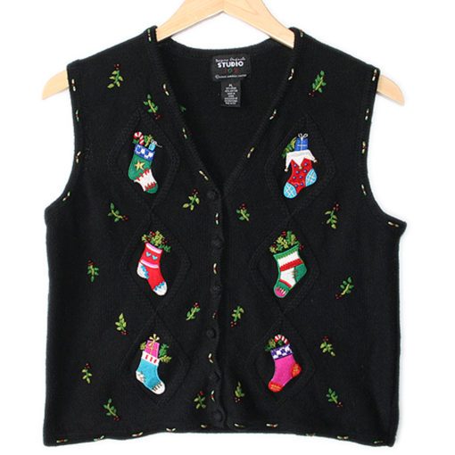 Christmas Stockings Tacky Ugly Sweater Vest Women's Petite Size Large (PL)