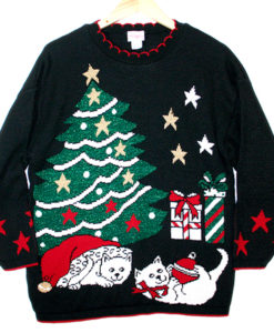 Kitty Cats Vintage 80s Acrylic Tacky Ugly Christmas Sweater Women's Size Medium:Large (M:L)