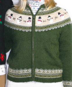 Nordic Snowman Olive Green Cardigan Tacky Ugly Christmas Sweater Women's Size Small (S)
