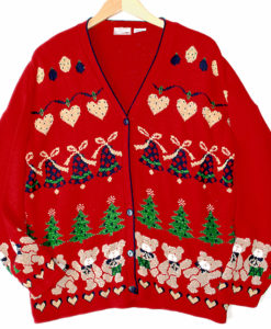 Vintage 80s Oversized Sparkle Teddy Bear Hearts Tacky Acrylic Ugly Christmas Sweater Large:XL (L:XL)