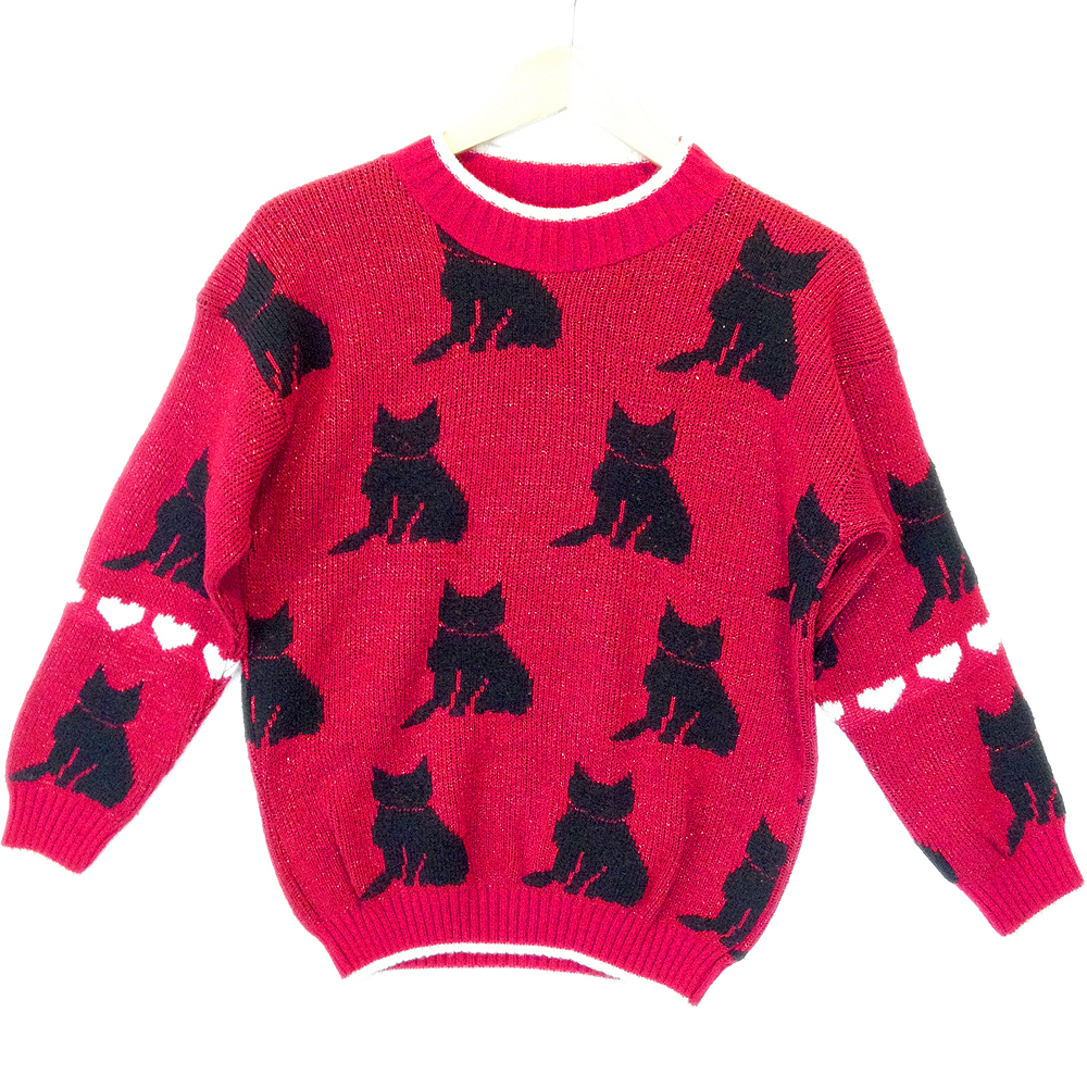 Red Vintage 80s Sparkle Cats Acrylic Ugly Sweater - The Ugly Sweater Shop