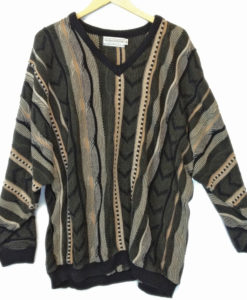 Textured Black & Tan V-Neck Cosby Style Ugly Sweater