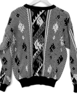 Vintage 80s Black & White & Leather Aztec Tribal Cosby Sweater