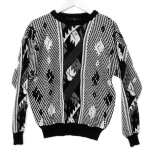 Vintage 80s Black & White & Leather Aztec Tribal Cosby Ugly Sweater ...