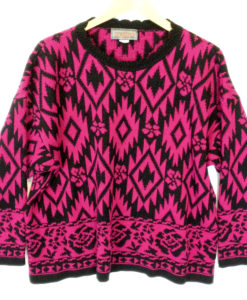 Vintage 80s Magenta Tribal Roses Ugly Sweater