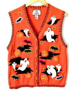 Bright Orange Ghosts and Bats Halloween Tacky Ugly Sweater Vest
