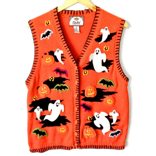 Bright Orange Ghosts and Bats Halloween Tacky Ugly Sweater Vest