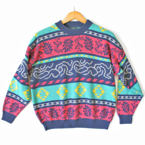 Vintage 80s Tribal Aztec Leaves Tacky Ugly Sweater