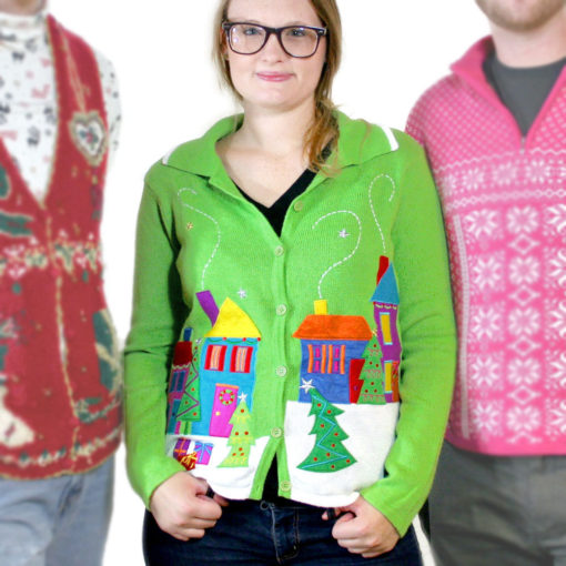 Lime Green Christmas Village Tacky Ugly Sweater