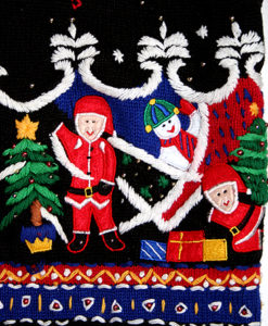 Santas With Lots of Embroidery Tacky Ugly Christmas Sweater