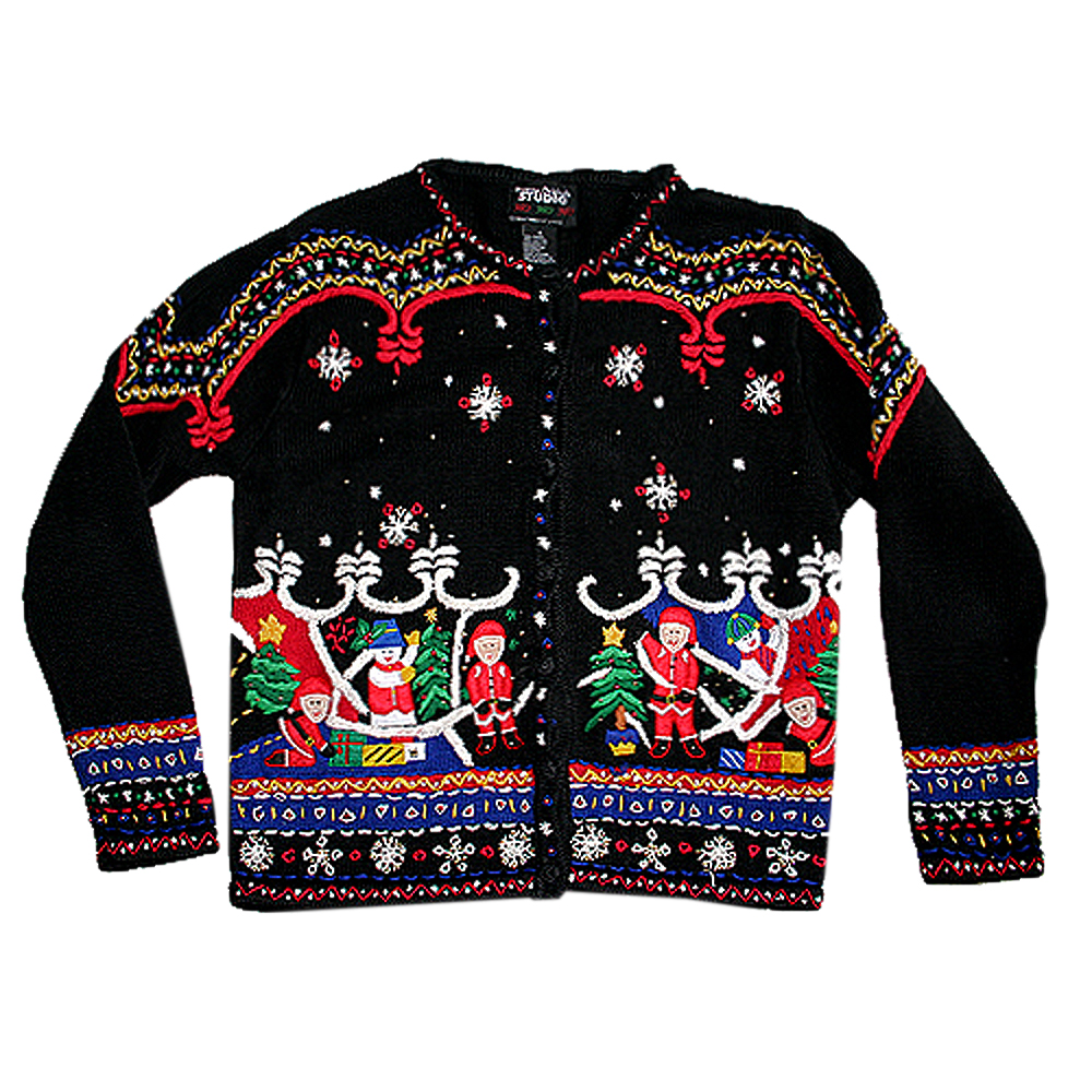 Santas With Lots of Embroidery Tacky Ugly Christmas Sweater - The Ugly ...