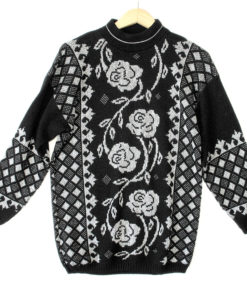 Vintage 80s Black Sparkle Roses Oversized Slouch Ugly Sweater