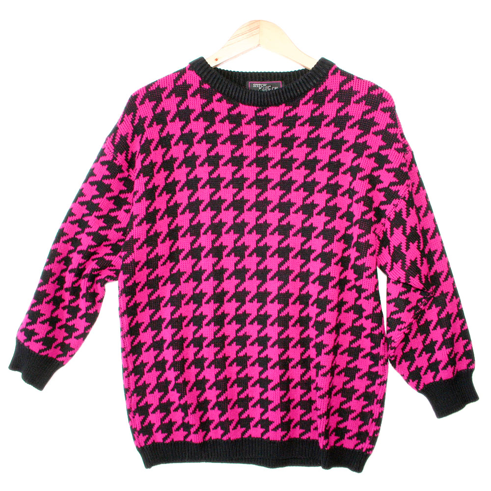 Vintage 80s Hot Pink Houndstooth Acrylic Ugly Sweater - The Ugly