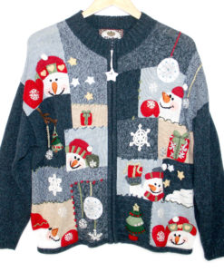 Blue Patchwork Snowmen Tacky Ugly Christmas Sweater