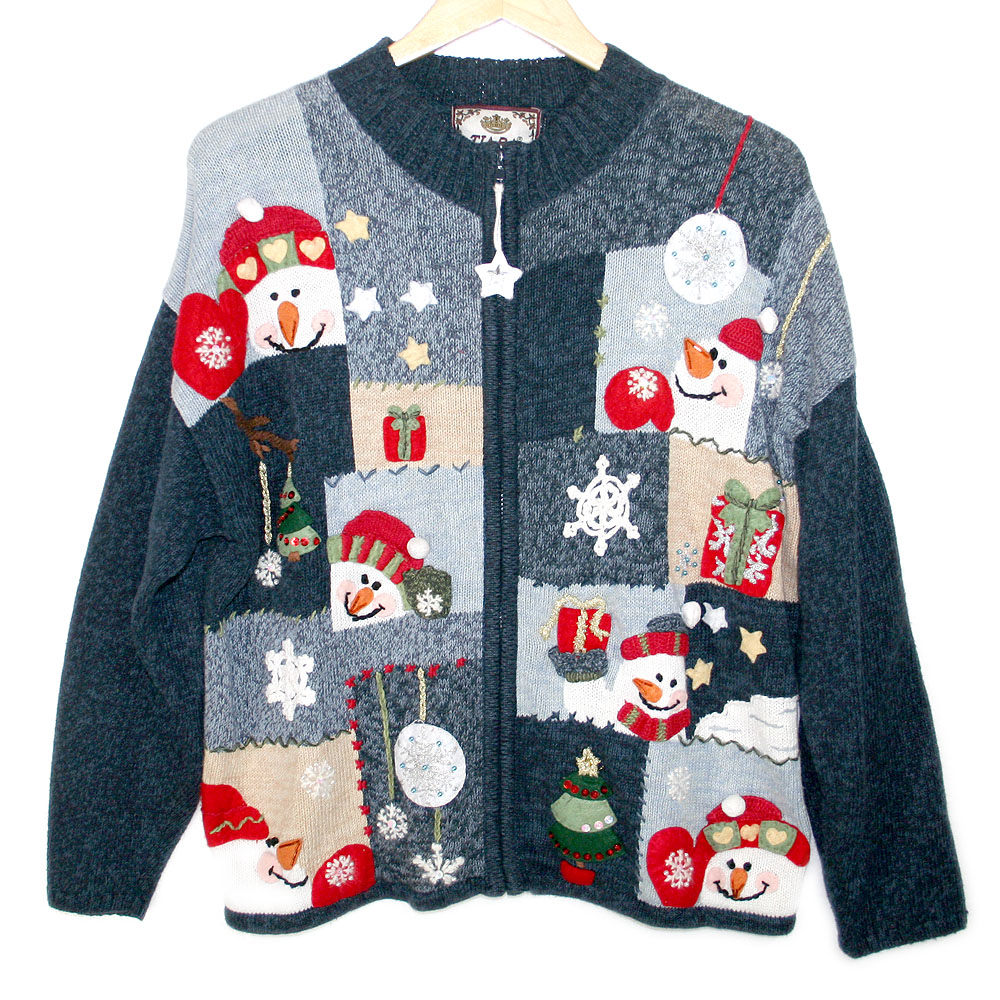 Blue Patchwork Snowmen Tacky Ugly Christmas Sweater - The Ugly Sweater Shop