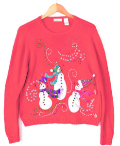 Hot Pink Sequin Snowmen Ugly Christmas Sweater