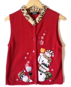 Leopard Print Trim Snowman Ugly Christmas Sweater Vest