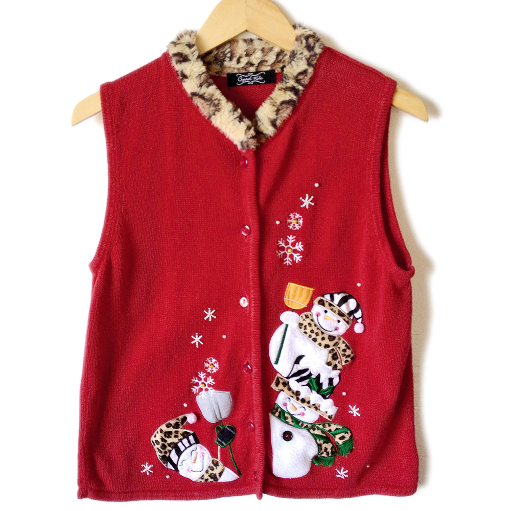 Leopard Print Trim Snowman Ugly Christmas Sweater Vest - The Ugly ...
