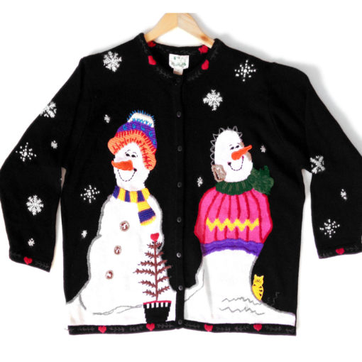 Smirking Snowmen, Hidden Kitten Tacky Ugly Christmas Sweater
