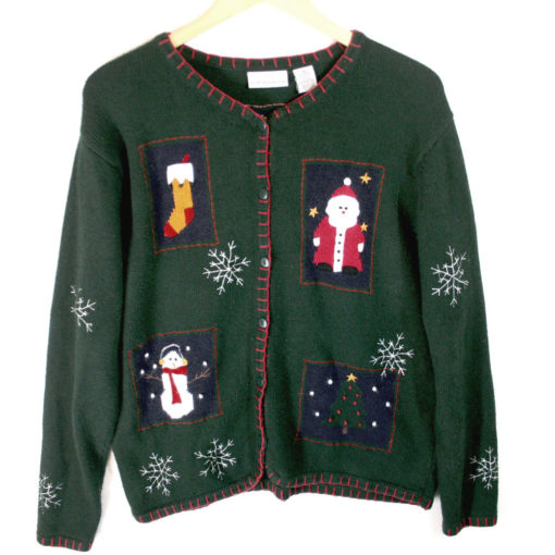 Santa and Snowman Wooly Green Ugly Christmas Sweater