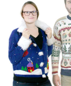 "Santa's Sleigh Over the Rooftops" Fuzzy Collar Ugly Christmas Sweater