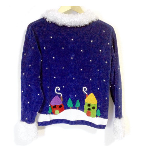 "Santa's Sleigh Over the Rooftops" Fuzzy Collar Ugly Christmas Sweater