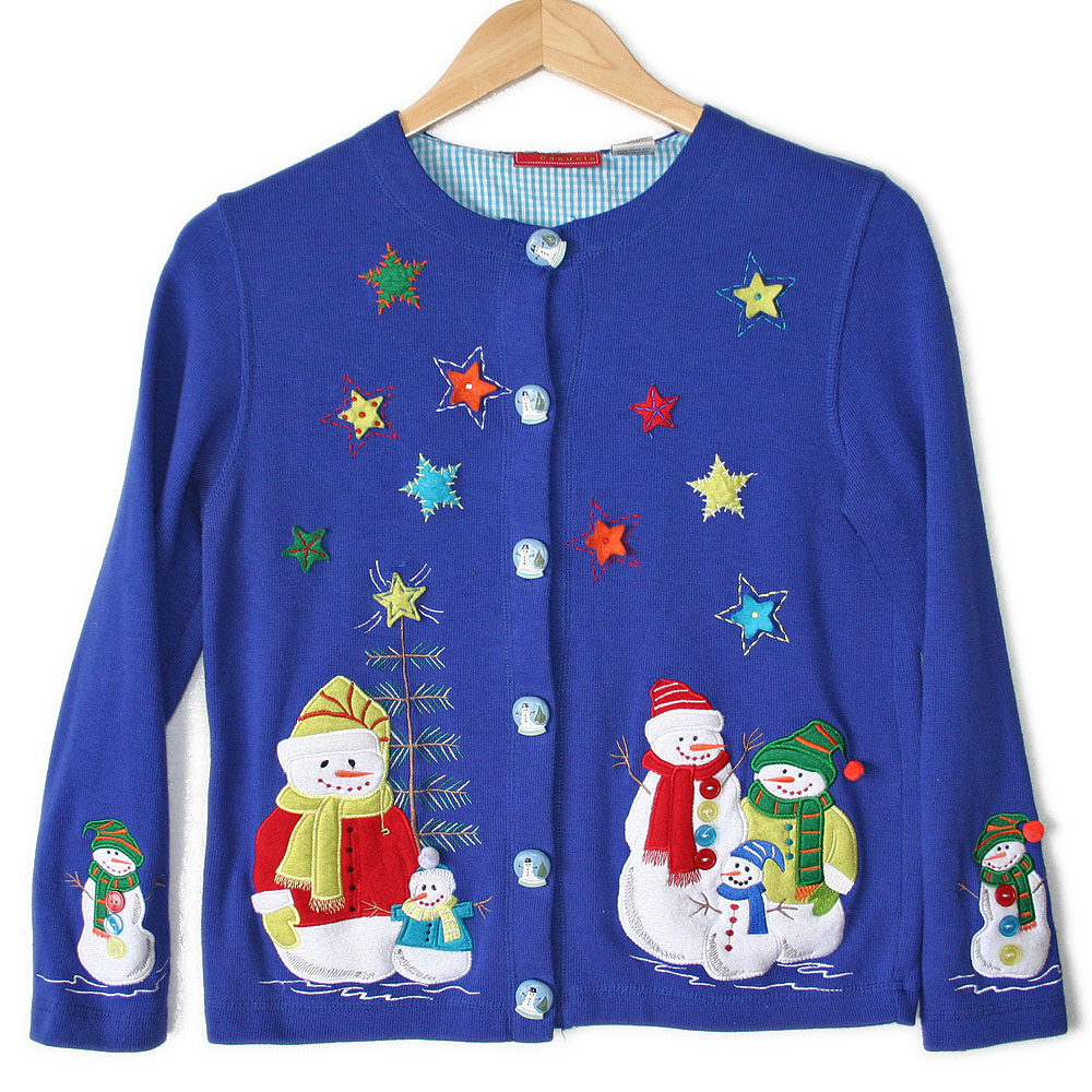 Snowmen and Stars Tacky Ugly Christmas Sweatshirt Cardigan - The Ugly ...