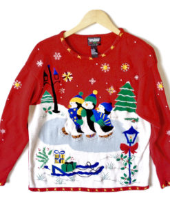 Triplet Ice Skating Penguins Tacky Ugly Christmas Sweater