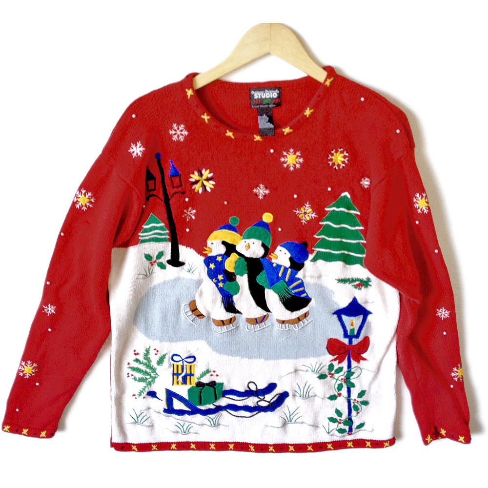 Triplet Ice Skating Penguins Tacky Ugly Christmas Sweater - The Ugly ...