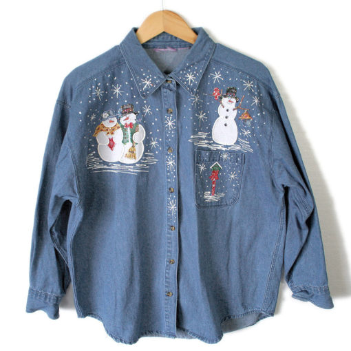 DIY Glitter Snowmen Denim Ugly Christmas Shirt