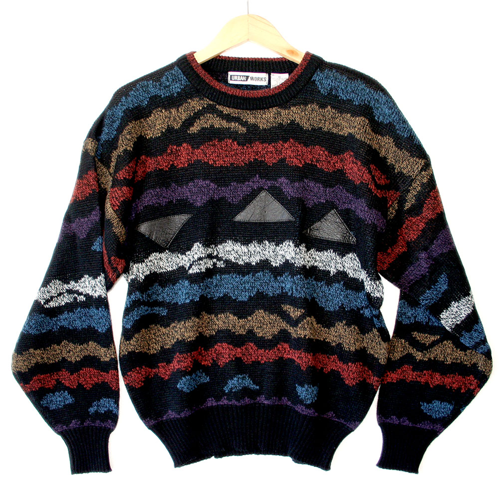 Vintage 90s Squiggly Stripes & Leather Triangles Cosby Sweater - The ...