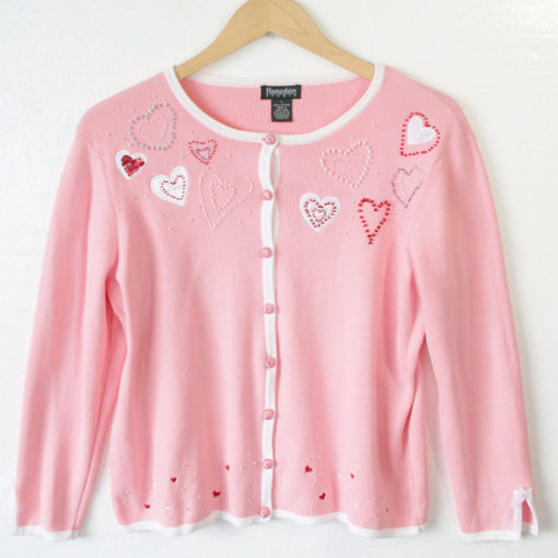 Beaded Hearts Light Pink Cardigan Valentines Ugly Sweater