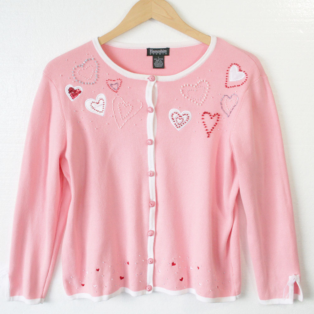 Beaded Hearts Light Pink Cardigan Valentines Ugly Sweater - The Ugly