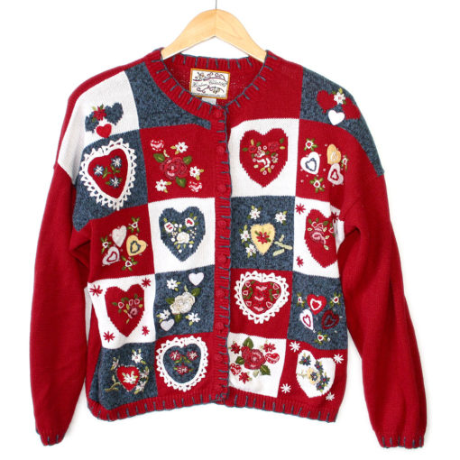 Lots of Hearts Patchwork Tacky Ugly Valentines Sweater