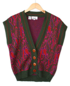 Vintage 70s Green and Hot Pink Paisley Hot Mess Ugly Sweater Vest