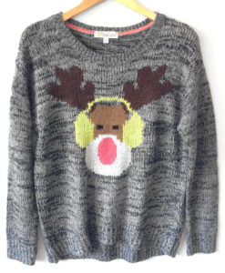Rudolph The Reindeer With Earmuffs Tacky Ugly Christmas Sweater