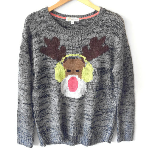 Rudolph The Reindeer With Earmuffs Tacky Ugly Christmas Sweater