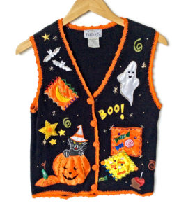 Kitty In A Pumkpin Tacky Halloween Ugly Sweater Vest